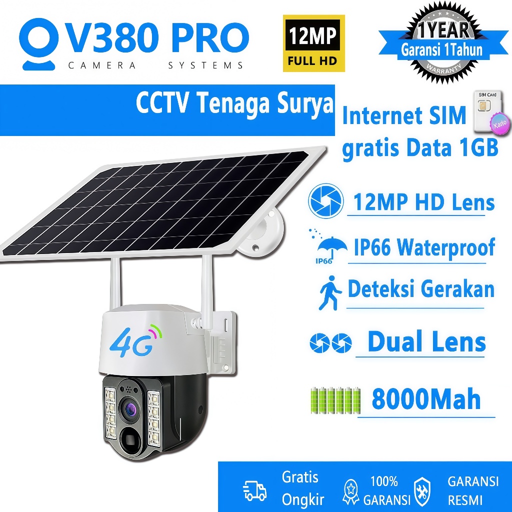 V380 Pro 4G WIFI Kamera CCTV Luar Ruangan 5MP HD Tenaga Surya Nirkabel PIR Baterai Daya Rendah