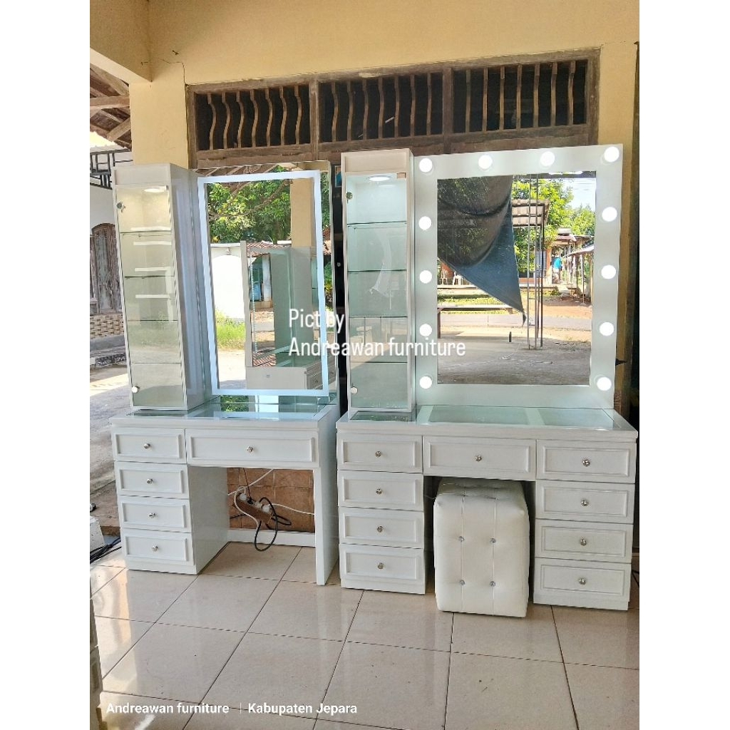 Meja Rias Lampu Warna Putih Duco / Kaca Rias Lampu / Lemari Rias Laci / Lampu Led Touchscreen