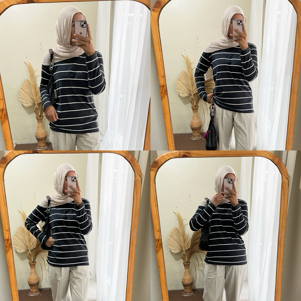 dwistuff Basic Tee Kaos Panjang Polos Stripe katun rib wafer rajut