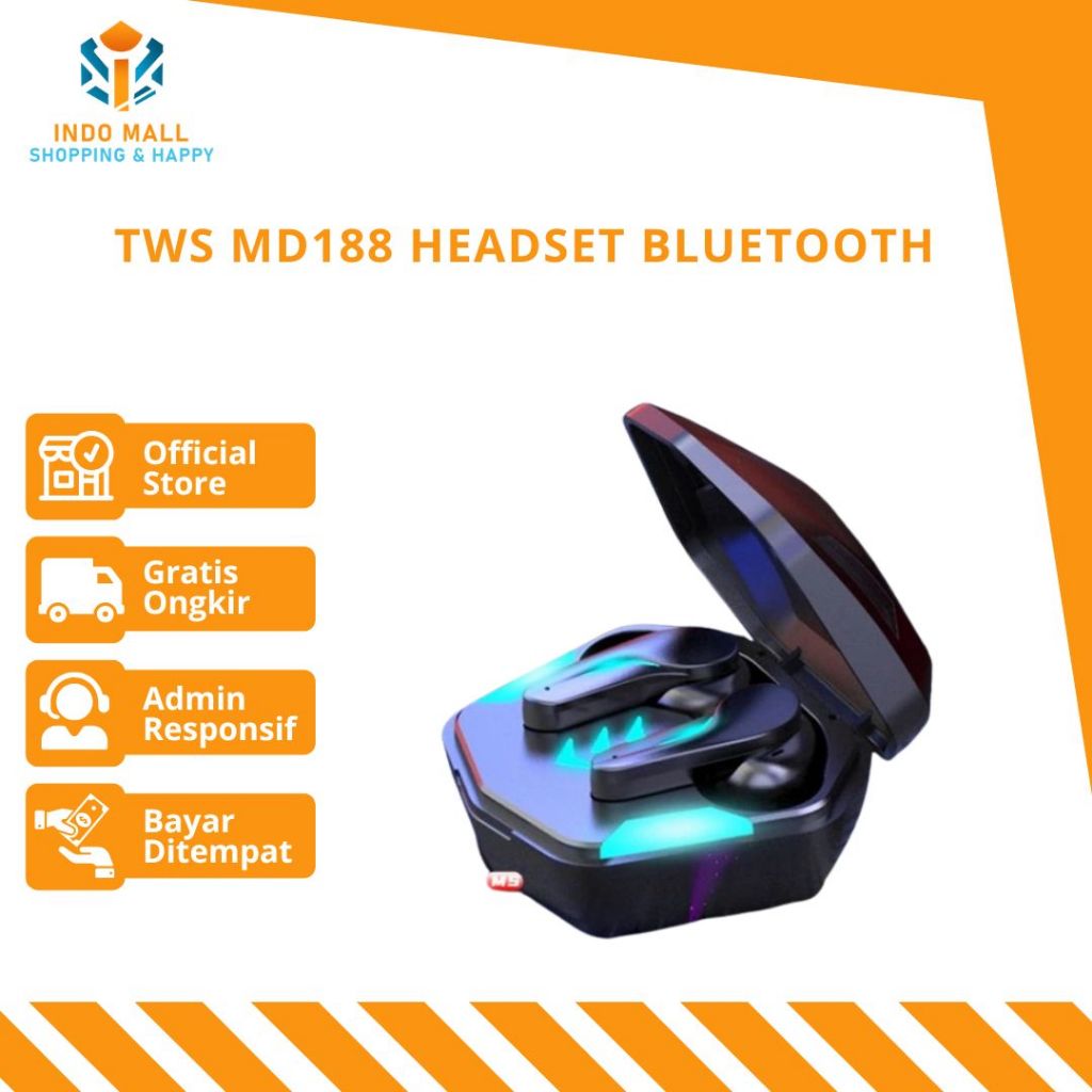 TWS MD188 Headset Bluetooth Touch Earphone Gaming 65ms HD Mic Indomall