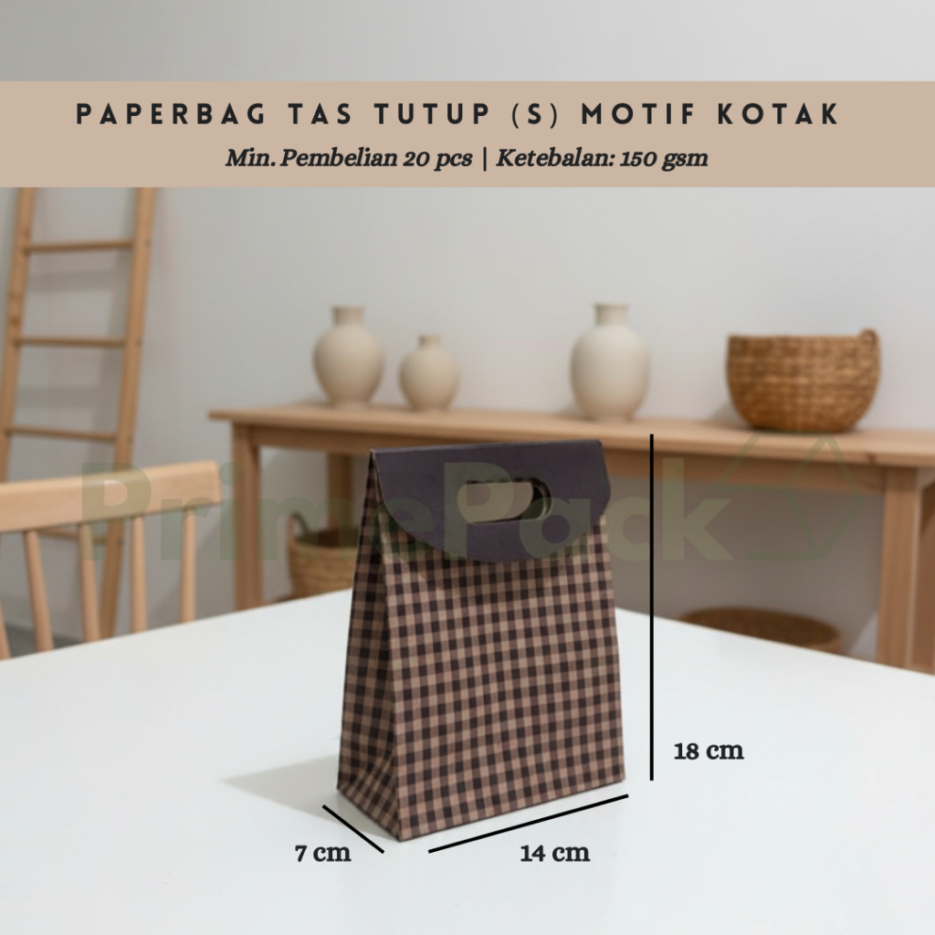 Paperbag Tas Tutup (S) Motif Kotak Coklat Bahan Kraft Ketebalan 150 gsm Tas Kertas Kecil