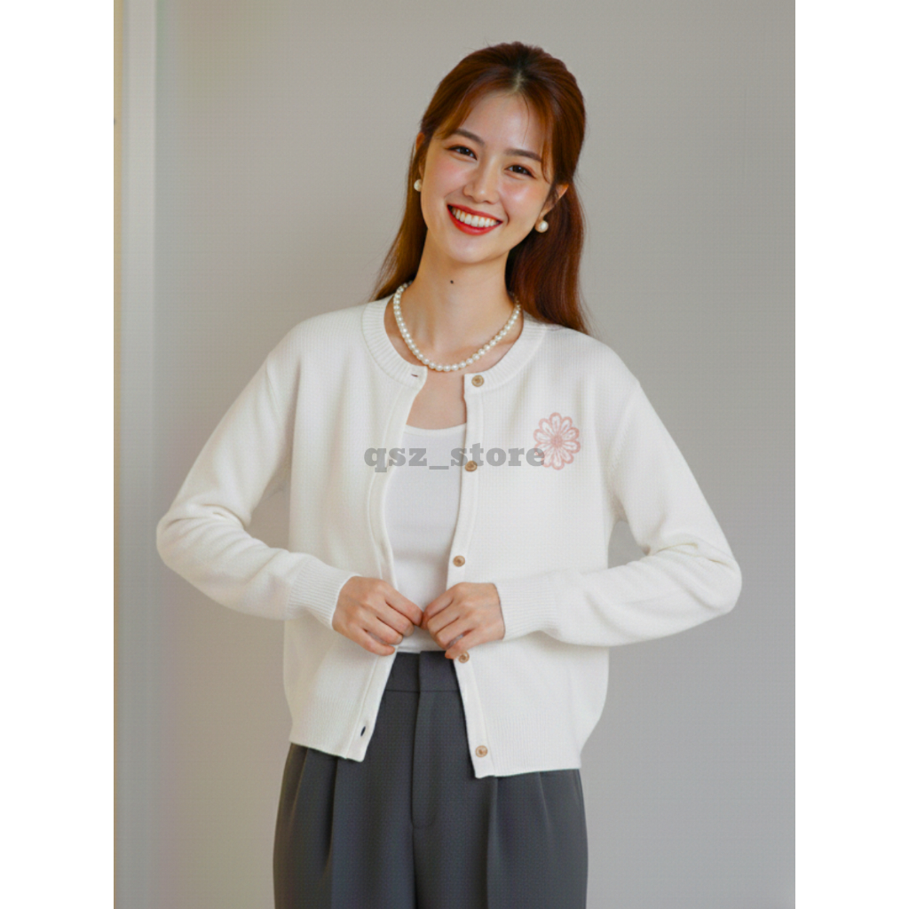 Kardigan Putih Rajut Korea - Cardigan Polos Bordir Bunga Kancing Gold Outer Wanita Lengan Panjang