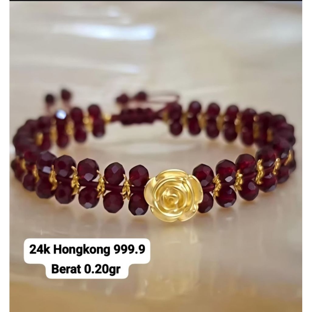 Gelang Emas Asli Mawar 24K Hongkong 999.9 Batu Premium Mustika
