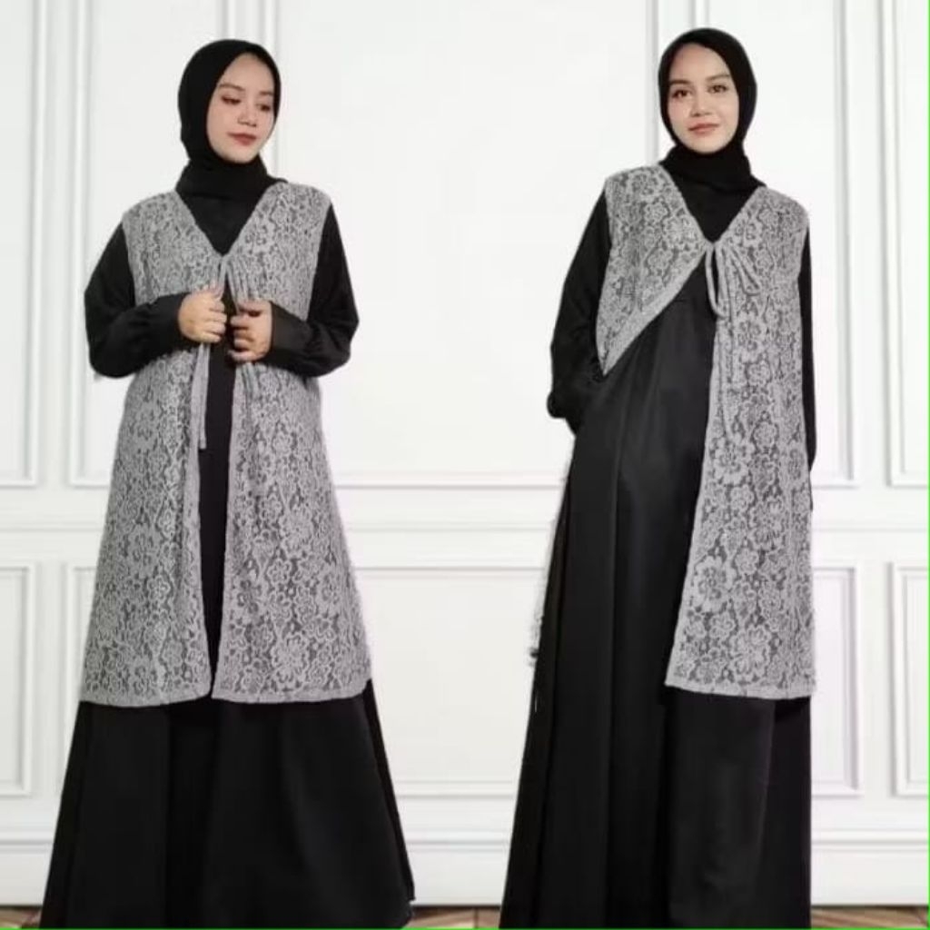 Azmi- Outer Rompi Brukat Tali depan Panjang, Rompi Panjang Wanita