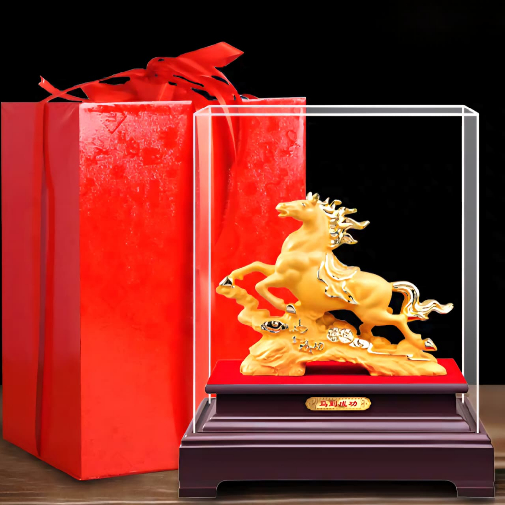 Patung Kuda Jungle Box Kaca Akrilik Kado Souvenir Imlek Murah Patung Emas Golden Dekorasi Pajangan E