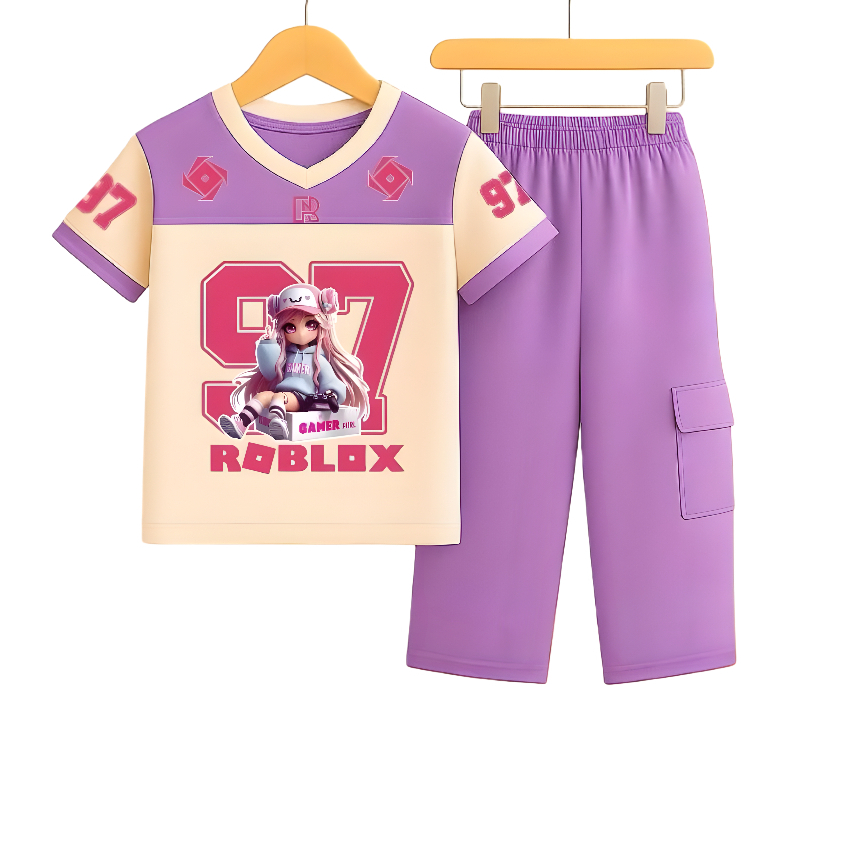 One set jersey anak perempuan baju lengan pendek celana cargo panjang 3-12 tahun
