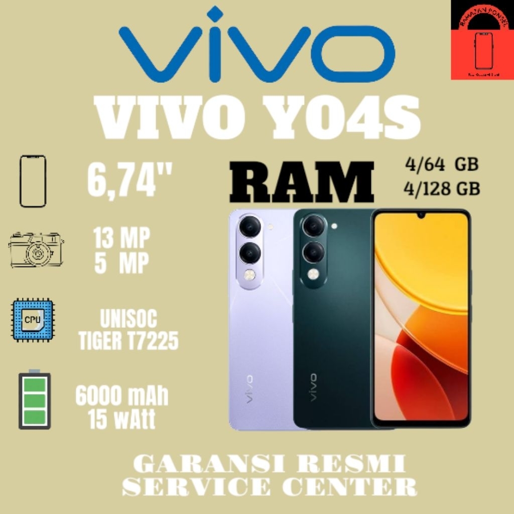 VIVO Y04S RAM 4/64GB RAM 4/128GB GARANSI RESMI VIVO SERVICE CENTER INDONESIA 12 BULAN 1TAHUN