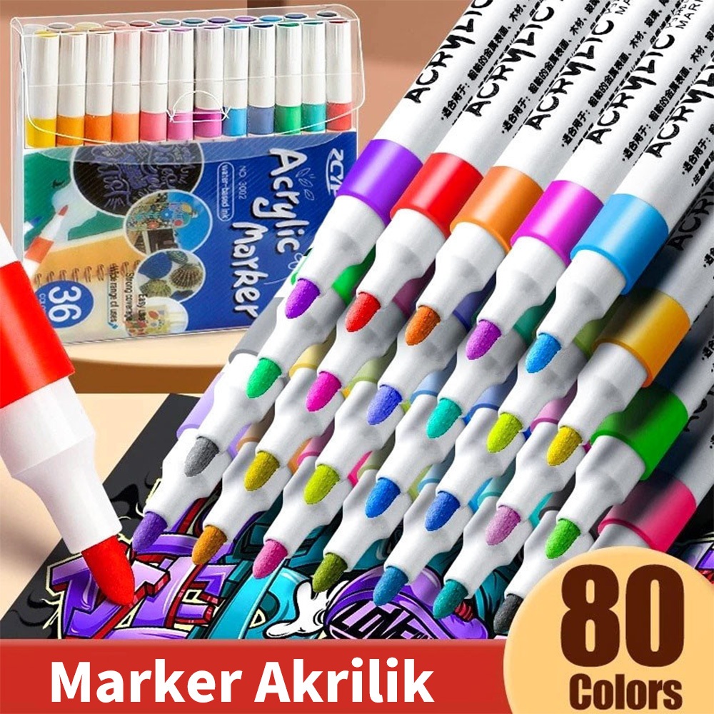 [DOTDING]Spidol Akrilik 12/24/36/48/80 Warna Spidol Cat Air Cepat Kering Tahan Air Kuas Graffiti DIY