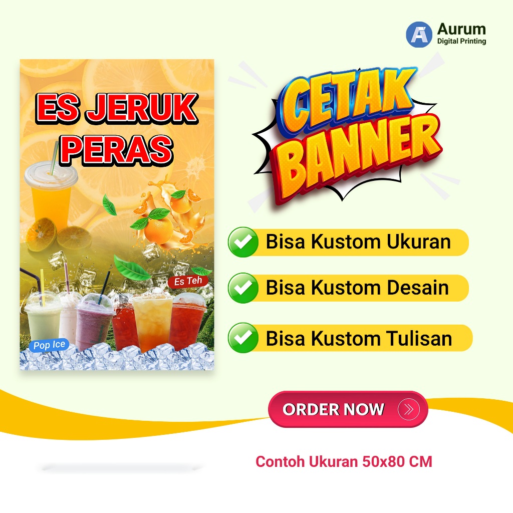 Cetak Banner Spanduk Es Jeruk Peras - Pop Ice - Es Teh / Bisa Kustom Ukuran dan Tulisan