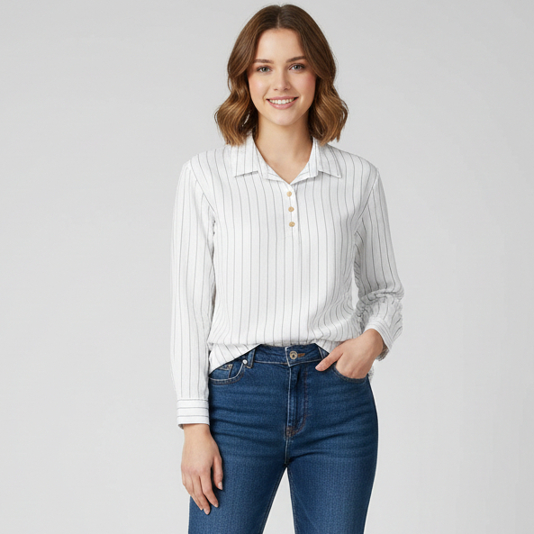 RILLEY - Kemeja Blus Khyra | Kemeja Salur Putih Wanita | Kemeja Wanita Bahan Adem Rayon Slub