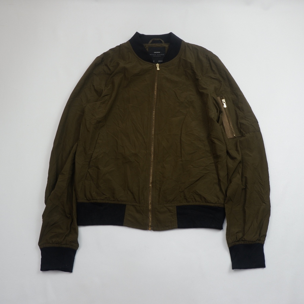 ZARA BASIC Lightweight Bomber Jacket - Khaki Olive Green - Preloved