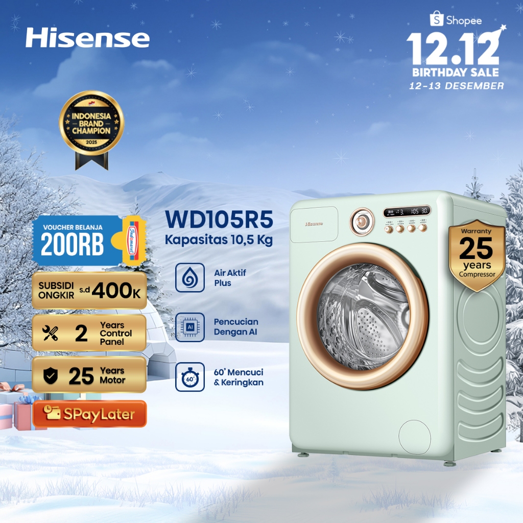 Hisense Mesin Cuci WD105R5 Front Loading Kapasitas 10.5KG 1 Tabung Bukaan Depan Active Water Plus (B