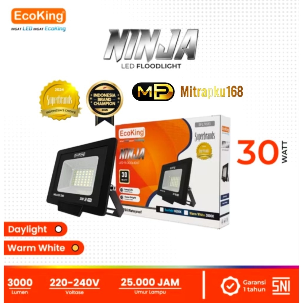 Lampu Sorot LED ECOKING Ninja 30 Watt Cahaya Putih IP66 / Led Flood Light