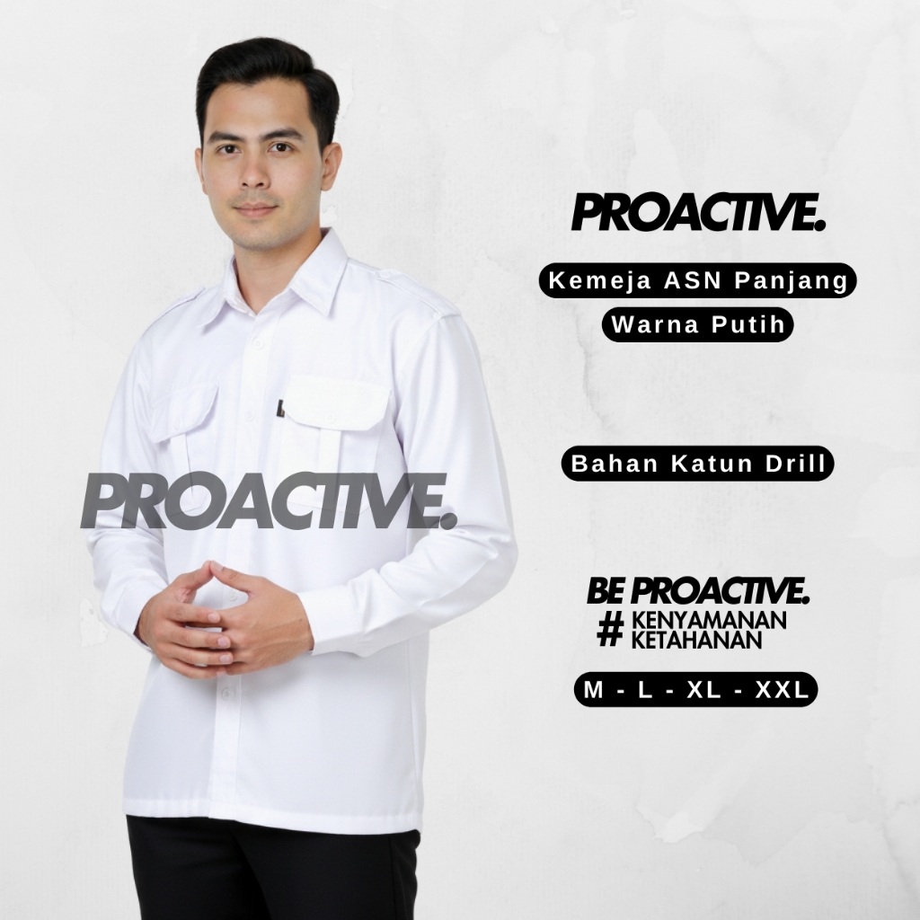 KEMEJA PUTIH ASN PDH PNS LAPANGAN PRIA LENGAN PANJANG BAHAN KATUN DRILL - PROACTIVE