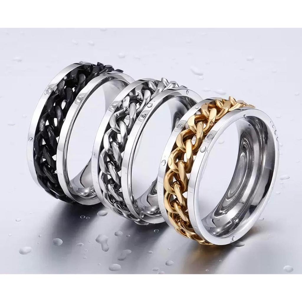 Cincin Titanium Pria Cowok Rantai Stylish Keren Model Steel Stainless Elegan Warna Hitam Kuning Puti