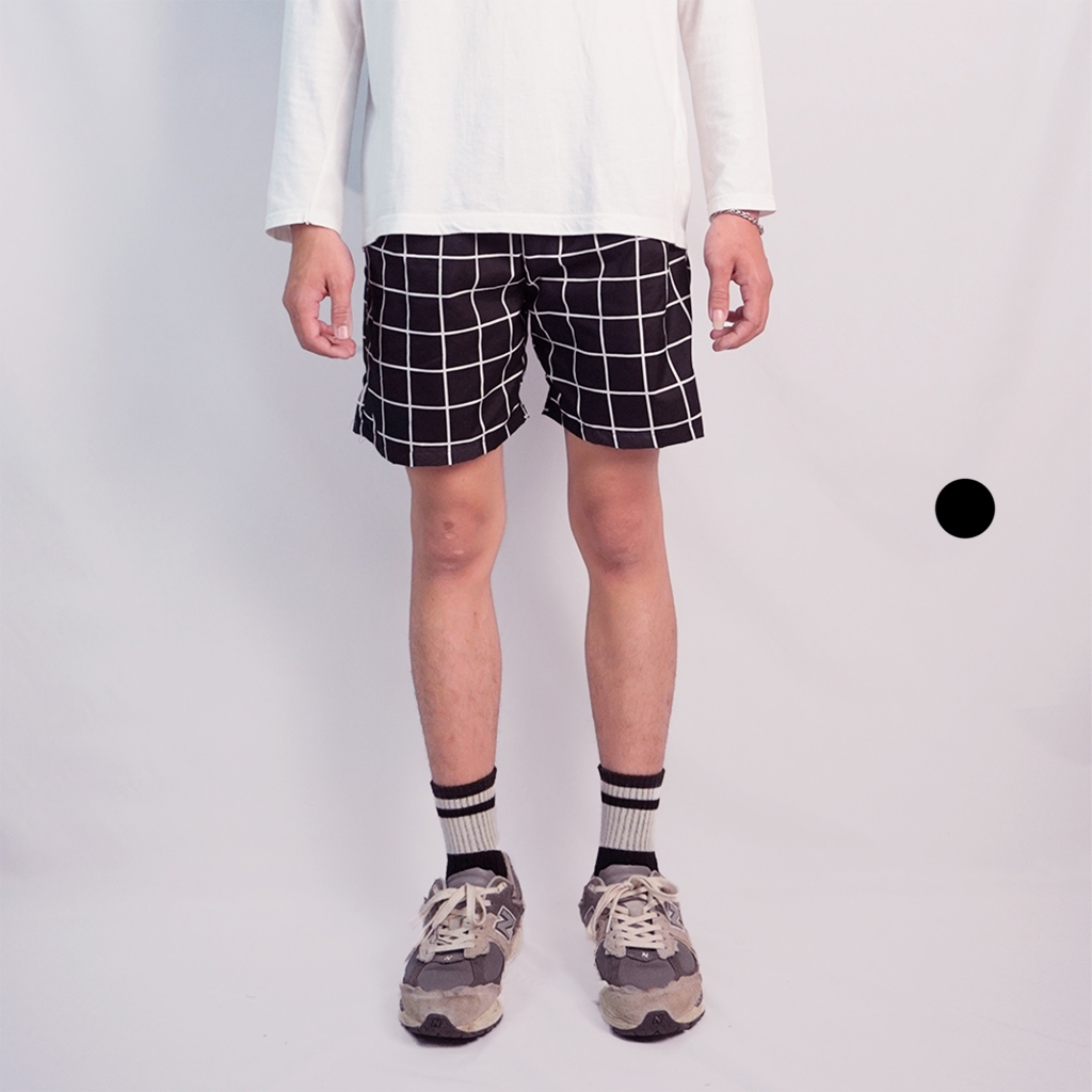 SwBasic - Boxer Pria Wanita Kancing Polos Celana Pendek Motif Kotak Hitam