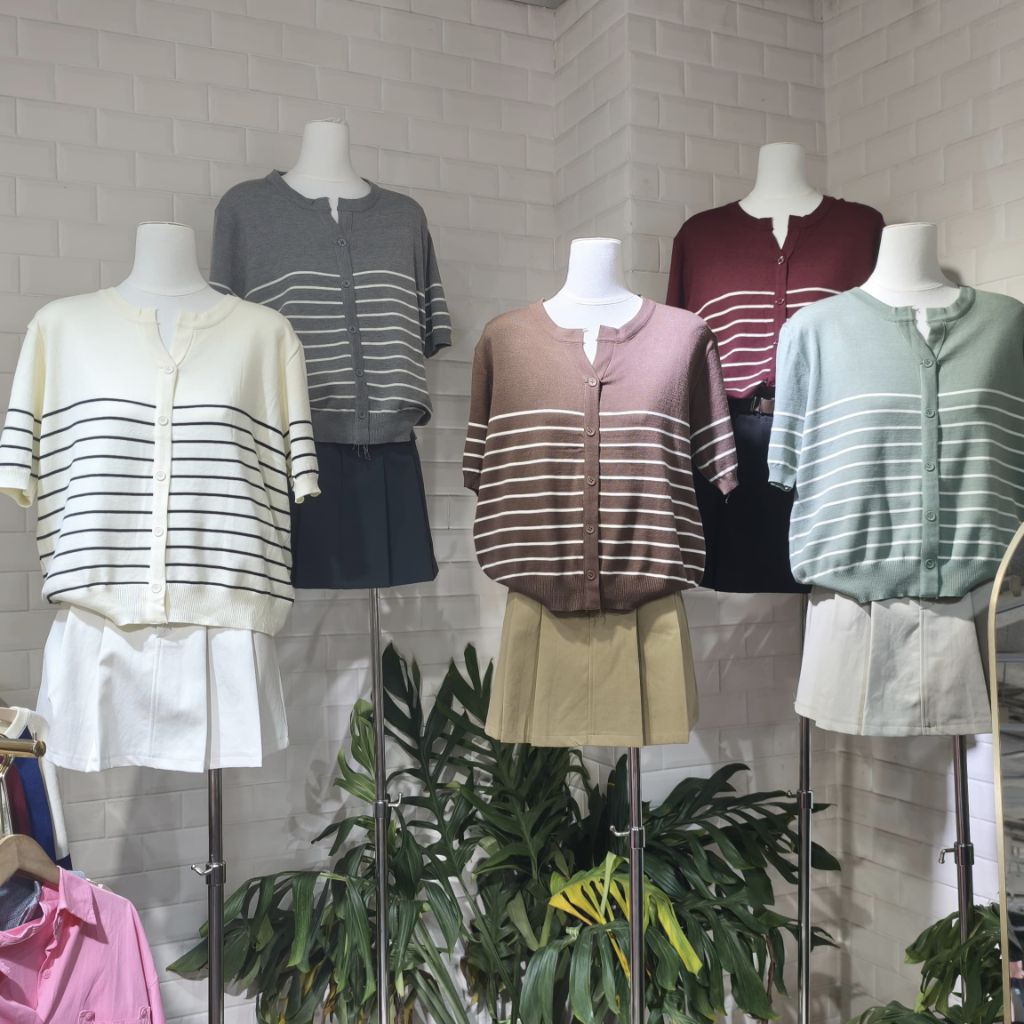 [READY] 100% BANGKOK THAILAND BAJU ATASAN BLOUSE WANITA RAJUT KNIT KANCING LEHER V POLOS STRIPES PRE