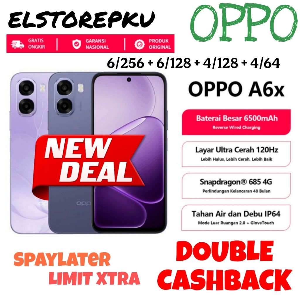 Oppo A6x 6/256 + 4/64 Resmi Snapdragon 685 Layar 120Hz Battery 6500mAh UFS 2.2 IP64 A3x 4/128 6/128