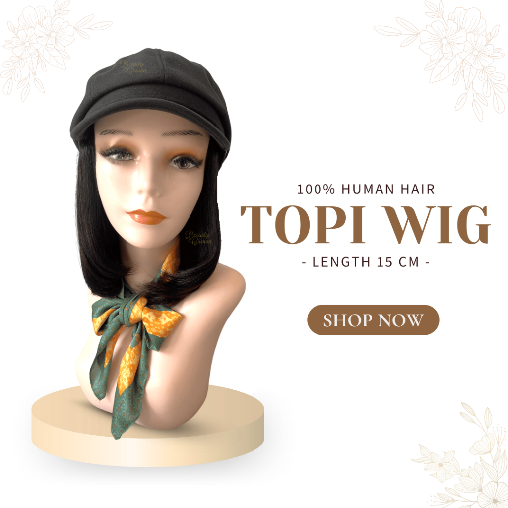 Human Hair 100% Rambut Asli Tanpa Campuran Topi Wig - Beauty Crown