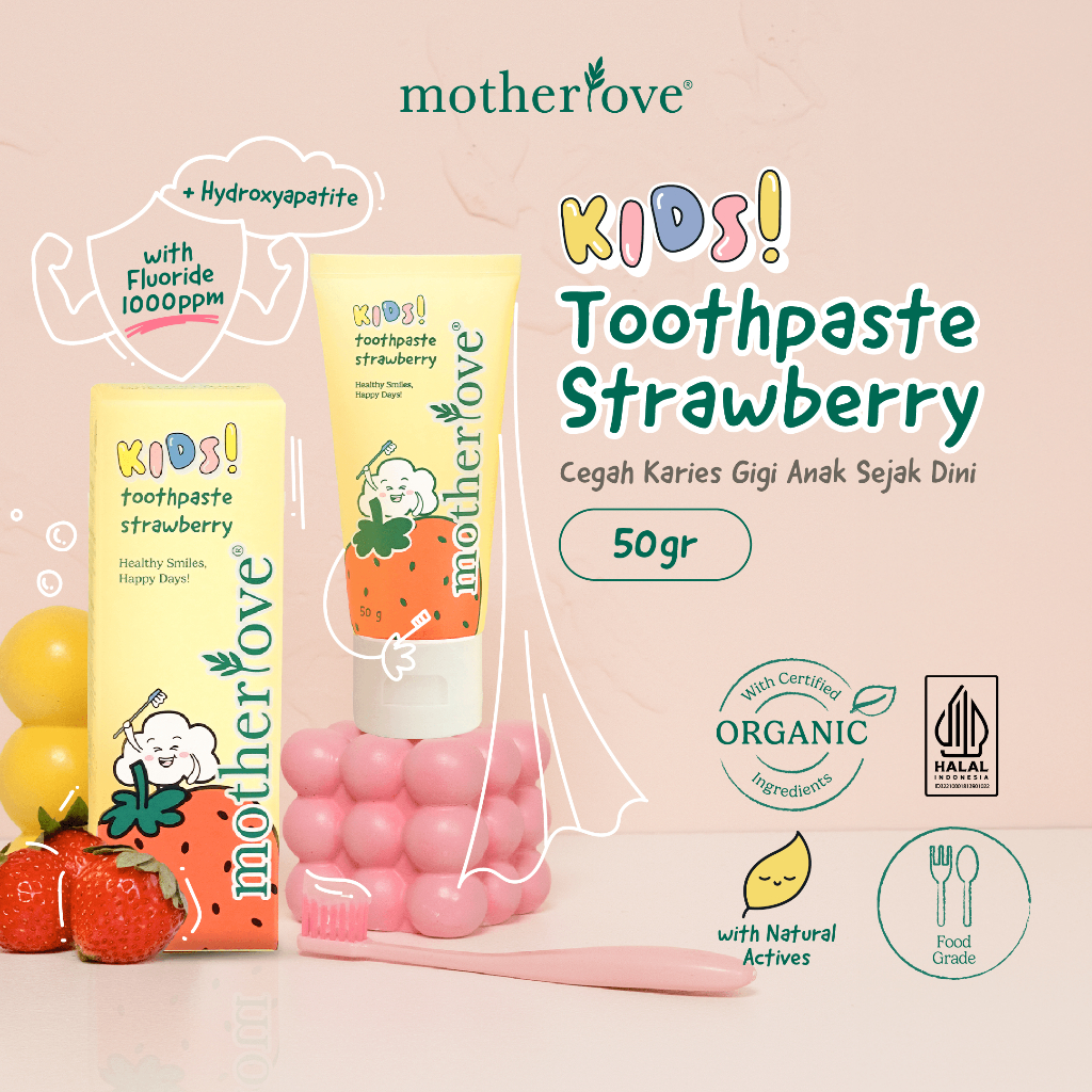 Motherlove Kids Toothpaste Strawberry 50g with Fluoride 1000ppm & Hydroxyapatite | Pasta Gigi Anak F