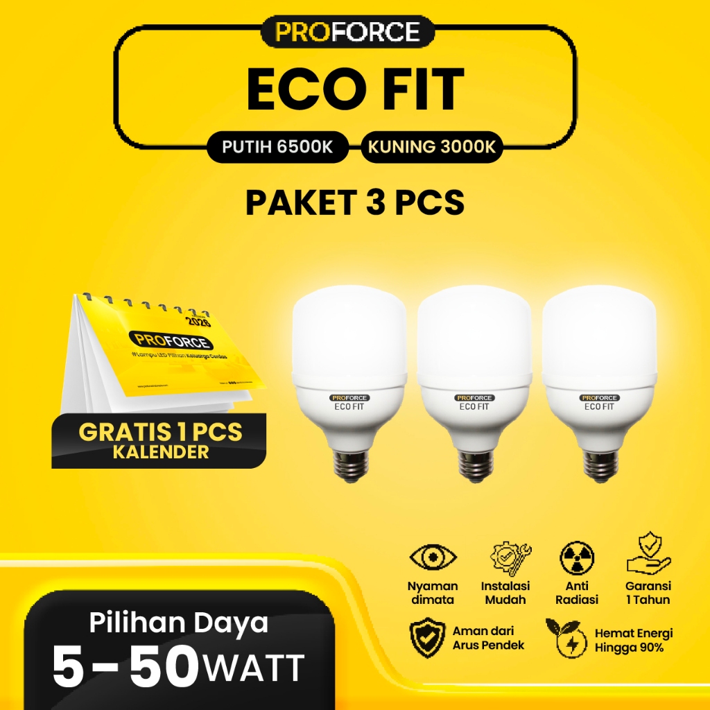 Paket 3 pcs - Proforce Bohlam Lampu LED ECO FIT, Hemat Energi, Super Terang, Harga Murah, Bergaransi