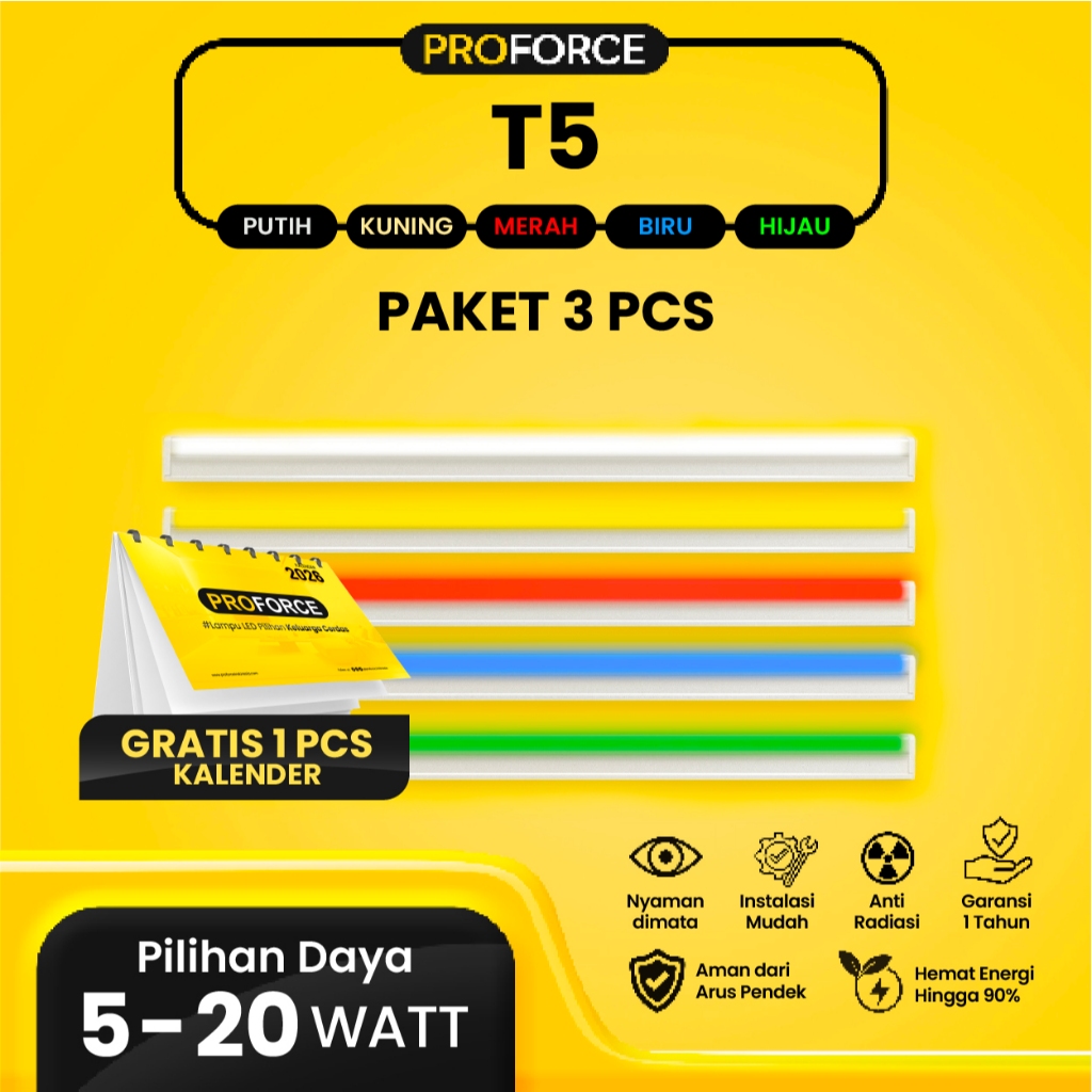 Paket 3 Pcs Proforce Lampu TL T5 Hias LED Warna Cahaya Putih Kuning Merah Biru Hijau Fluorescent Lig