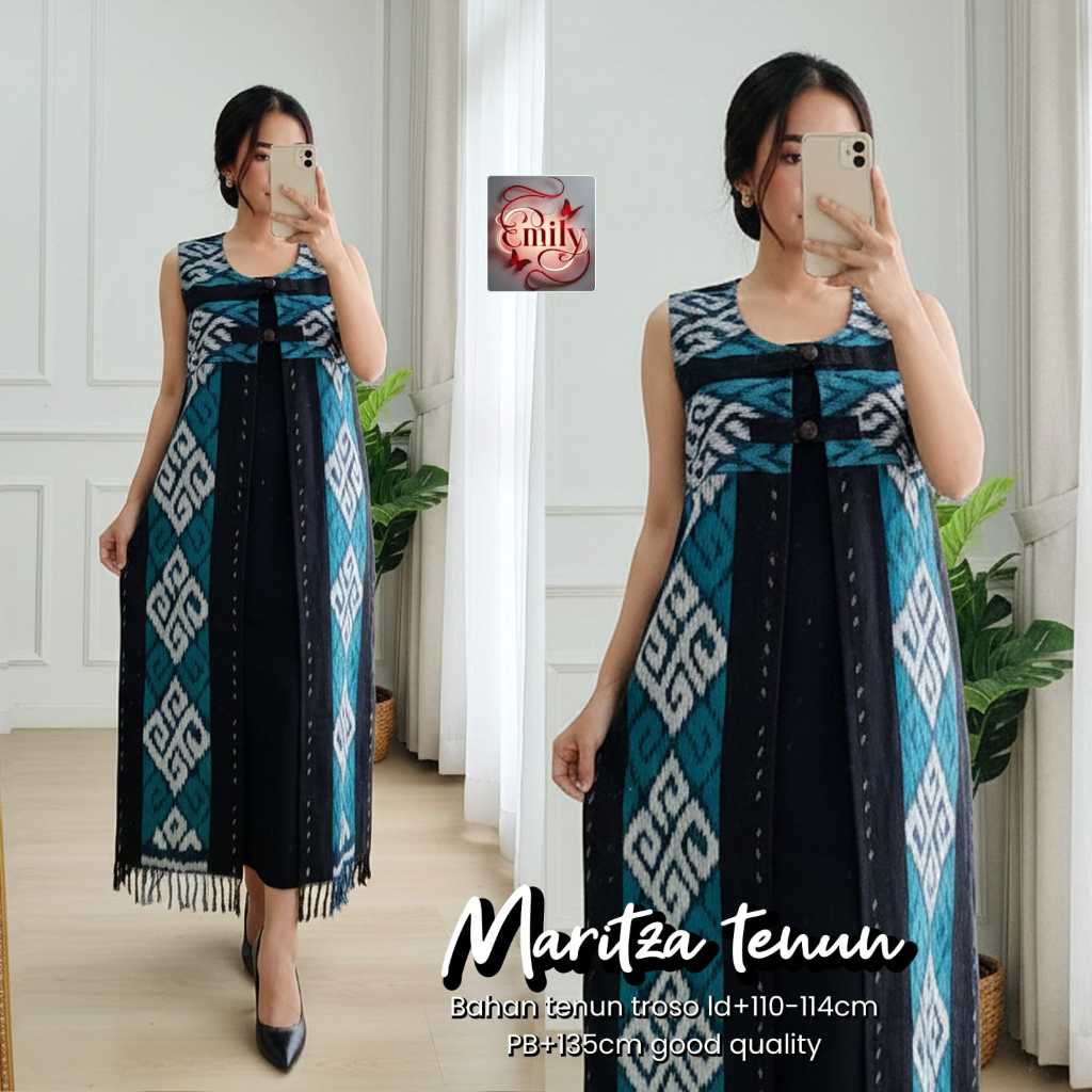 Gamis Long Dress Maritza Tenun Original Emily Bahan Tenun Troso Premium Motif Etnik Maxi Dress Layer