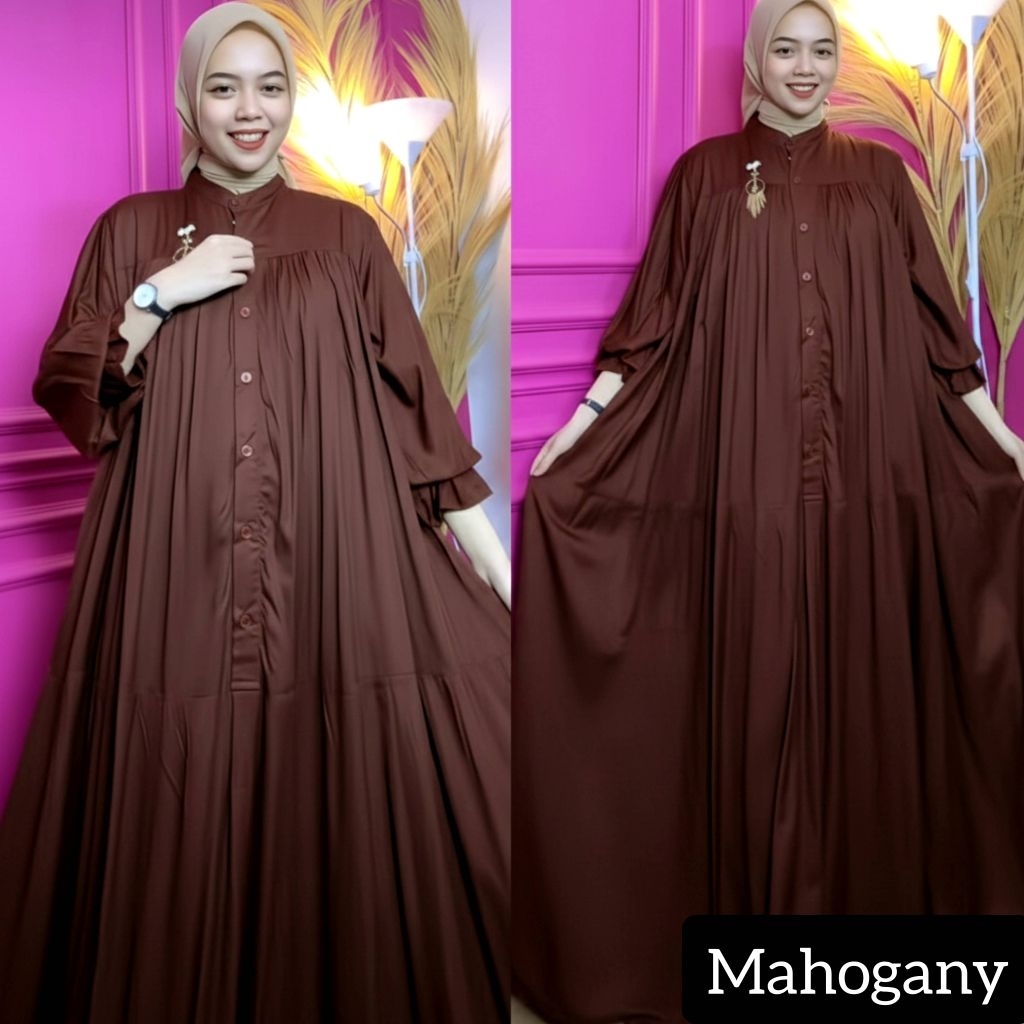 gamis lengan balon rayon twill premium polos