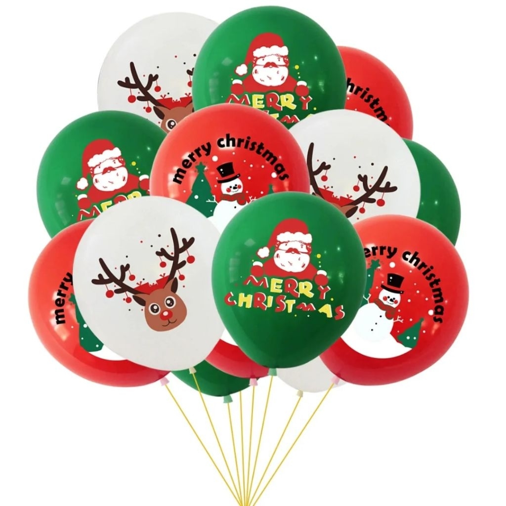 1 pack isi 8 BALON LATEX MERRY CHRISTMAS sablon gambar rusa deer snowman manusia salju santa claus h