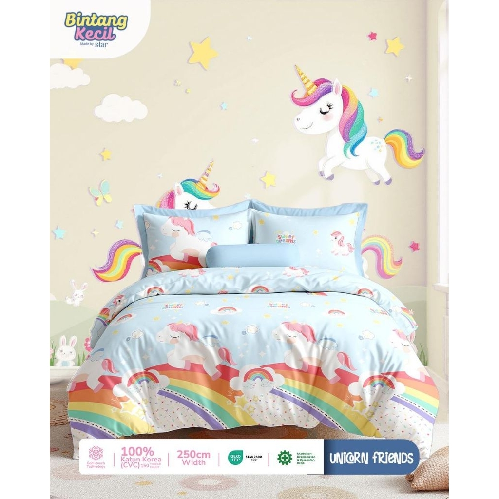 BEDCOVER + SPREI Dobbel karet anti geser motif anak perempuan unicorn