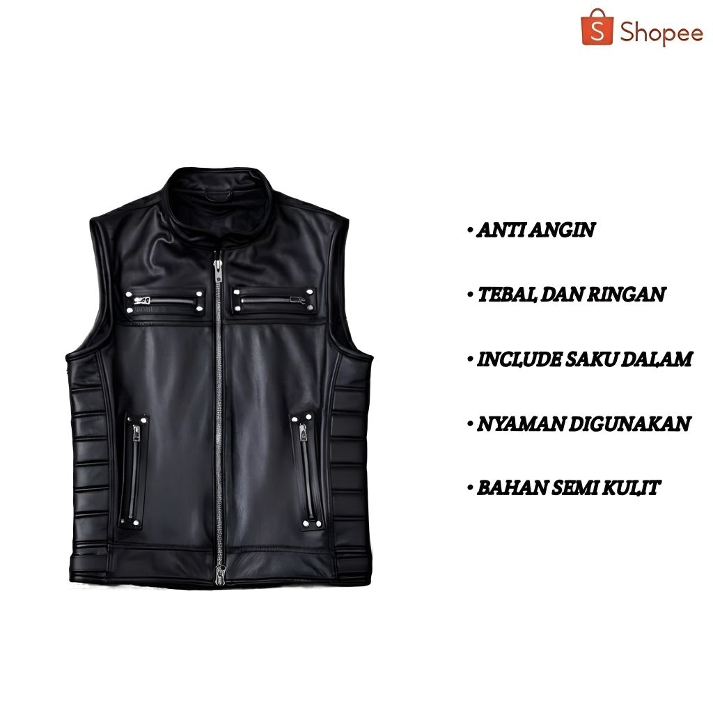 Jaket Rompi Kulit Pria Casual Tebal Anti Angin | Vest Motor Touring