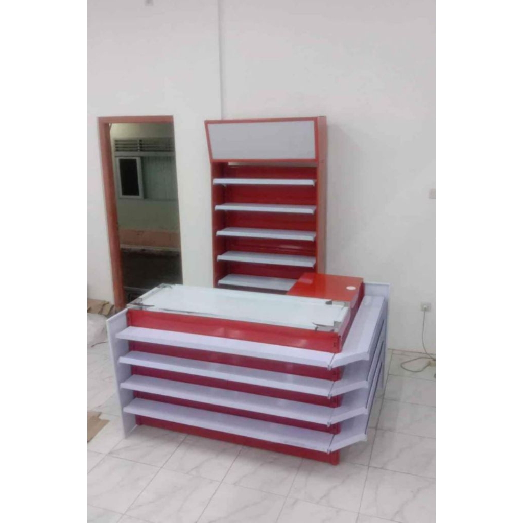 meja kasir toko leter L plat besi