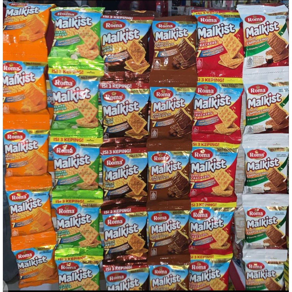 1 dus isi 12 renceng ×10 pcs  Roma malkist rencengan 23 gr rasa keju/ abon/ kelapa/ coklat/ crackers