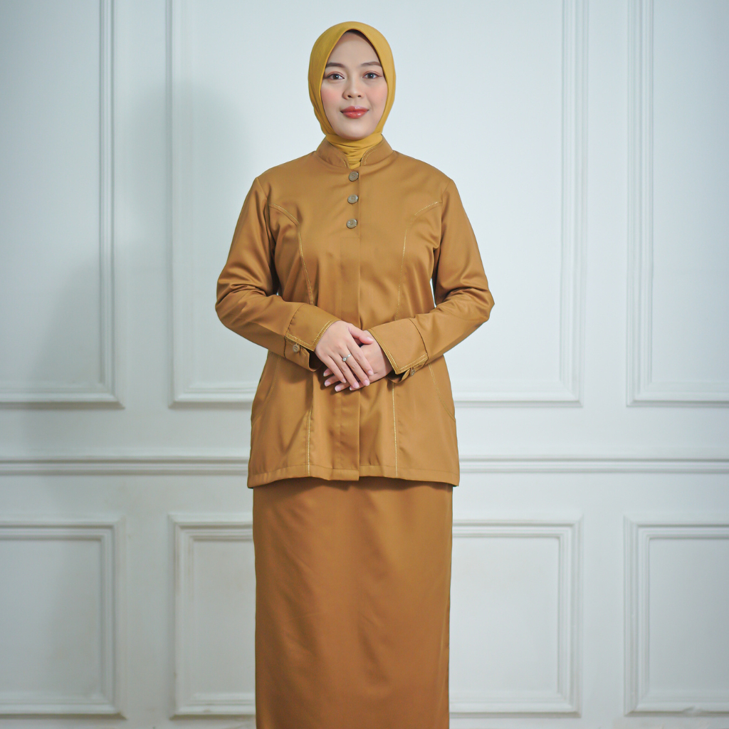 Setelan Baju Kemeja Pemda Dinas PDH PNS Wanita Model Saku Dada Warna Khaki Tua Terpopuler