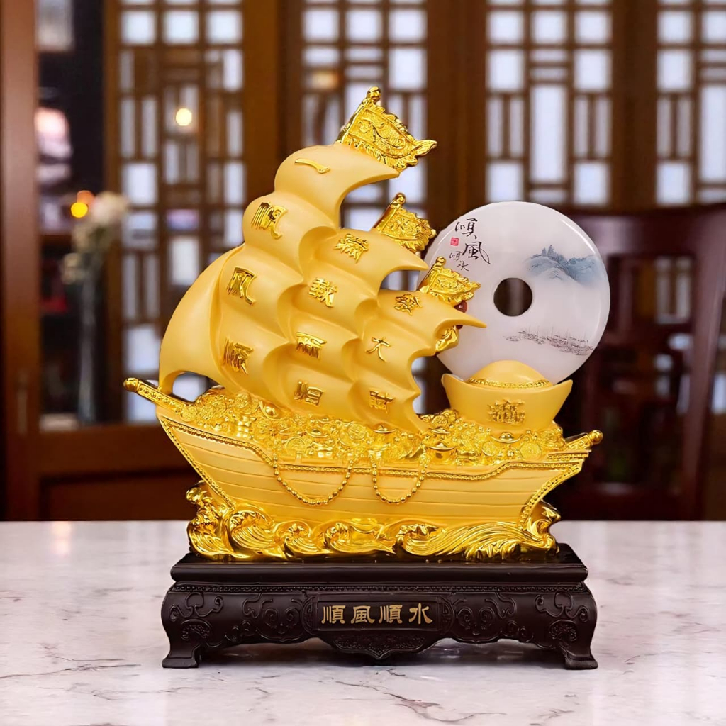 38cm Patung Pajangan Perahu Kapal Layar Pinisi Naga Hoki Kado Hadiah Pajangan Meja Kantor Dekorasi R