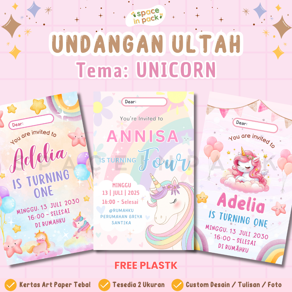 spaceinpack - Undangan Ulang Tahun Anak | Undangan Ultah Unicorn| Undangan Ultah Anak Custom