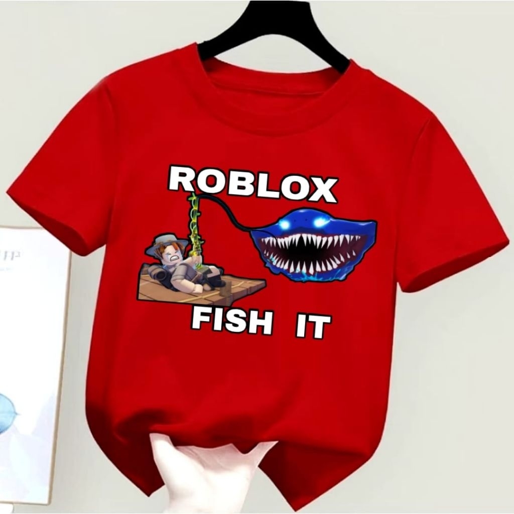 Baju kaos atasan laki laki dan perempuan Lengan Pendek motif ROBLOX FISH IT ukuran S/L Dewasa