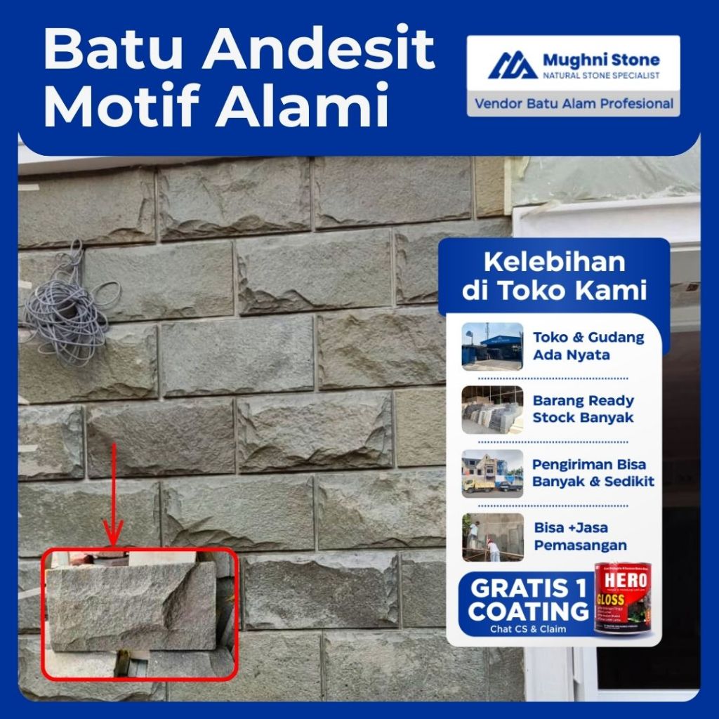 Batu Andesit Rata Alam (RTA) Permukaan Alami Warna Abu - abu Cocok Untuk Dinding Mewah & Klasik | Mu