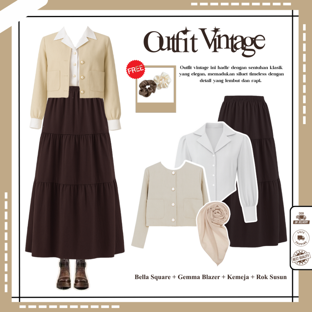 Outfit Vintage Yearbook (Bella Square, Blazer, Kemeja Puffy, Rok Susun) 4IN1 Yearbook Vintage - N90