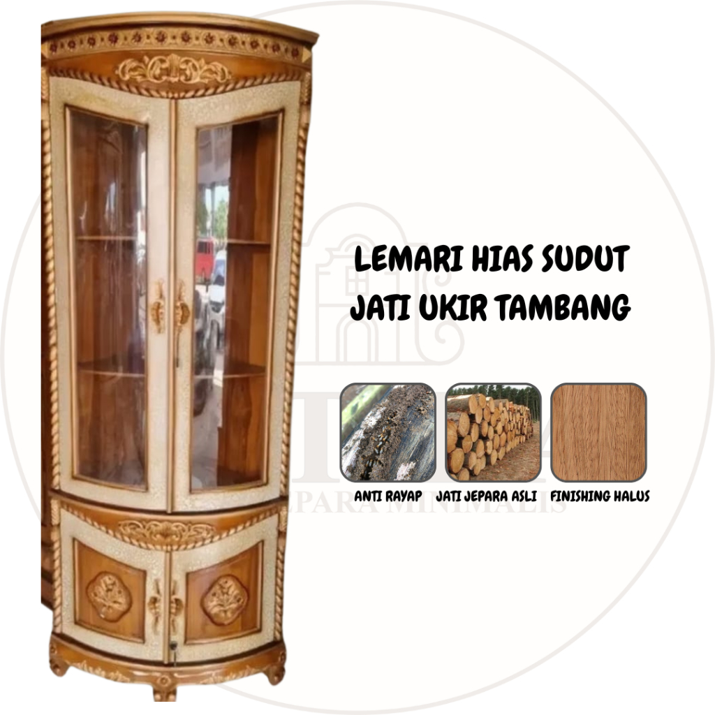 Lemari Hias Sudut Jati Ukir Tambang Cat Duko | Lemari Hias Sudut Jati Asli Jepara Murah Palembang