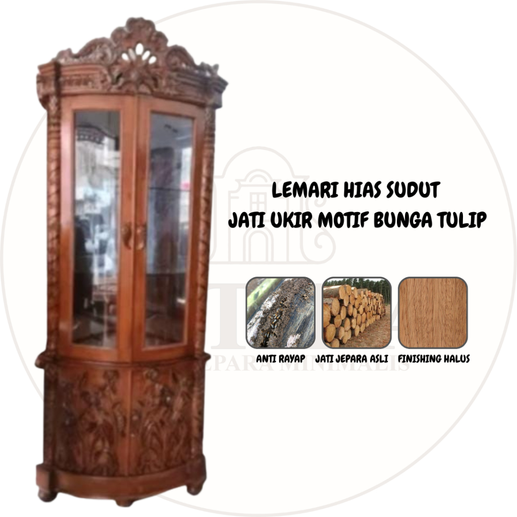 Lemari Hias Sudut Jati Ukir Motif Bunga Tulip | Lemari Hias Sudut Jati Asli Jepara Murah Palembang