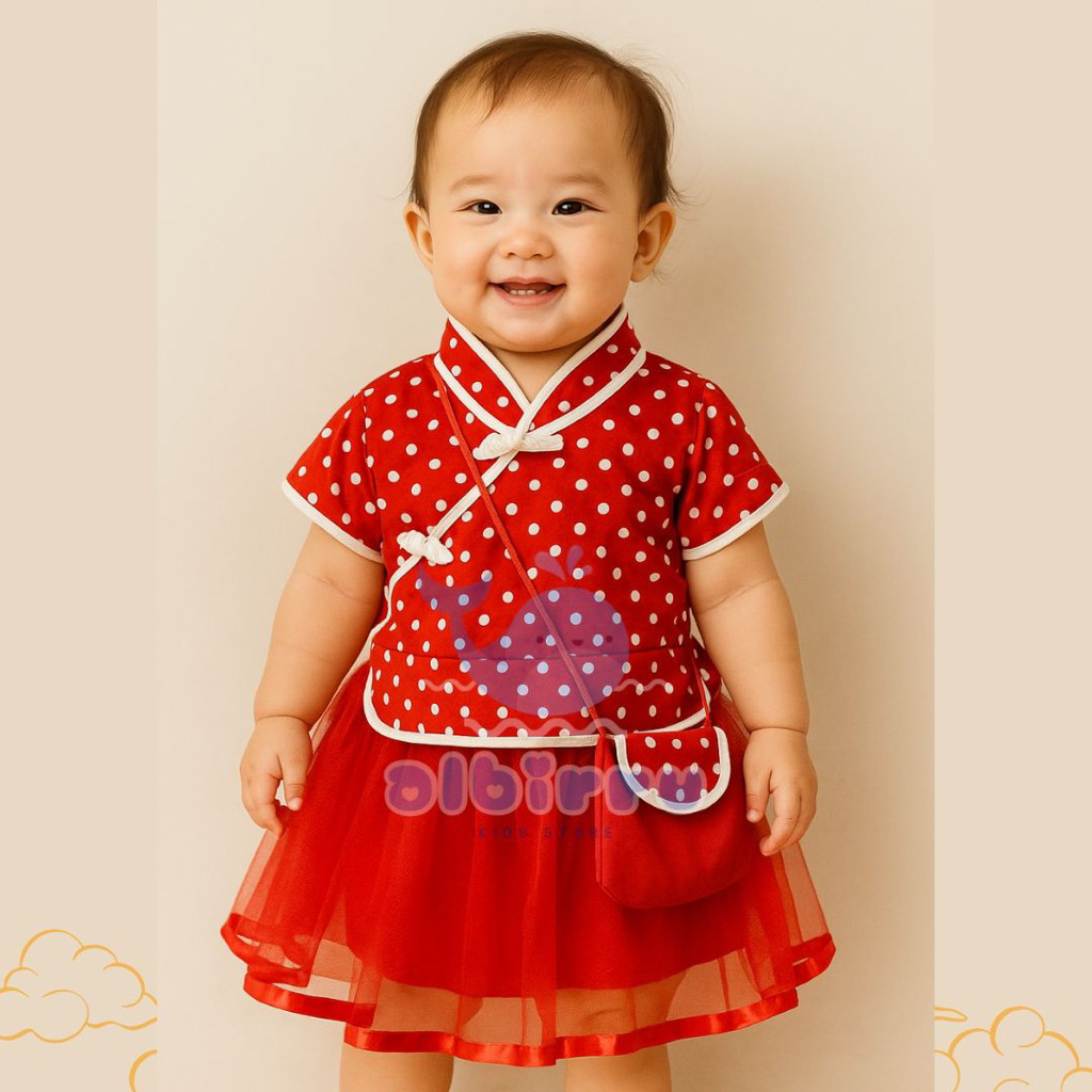 BAJU CINA ANAK PEREMPUAN CHEONGSAM DRESS POLKADOT