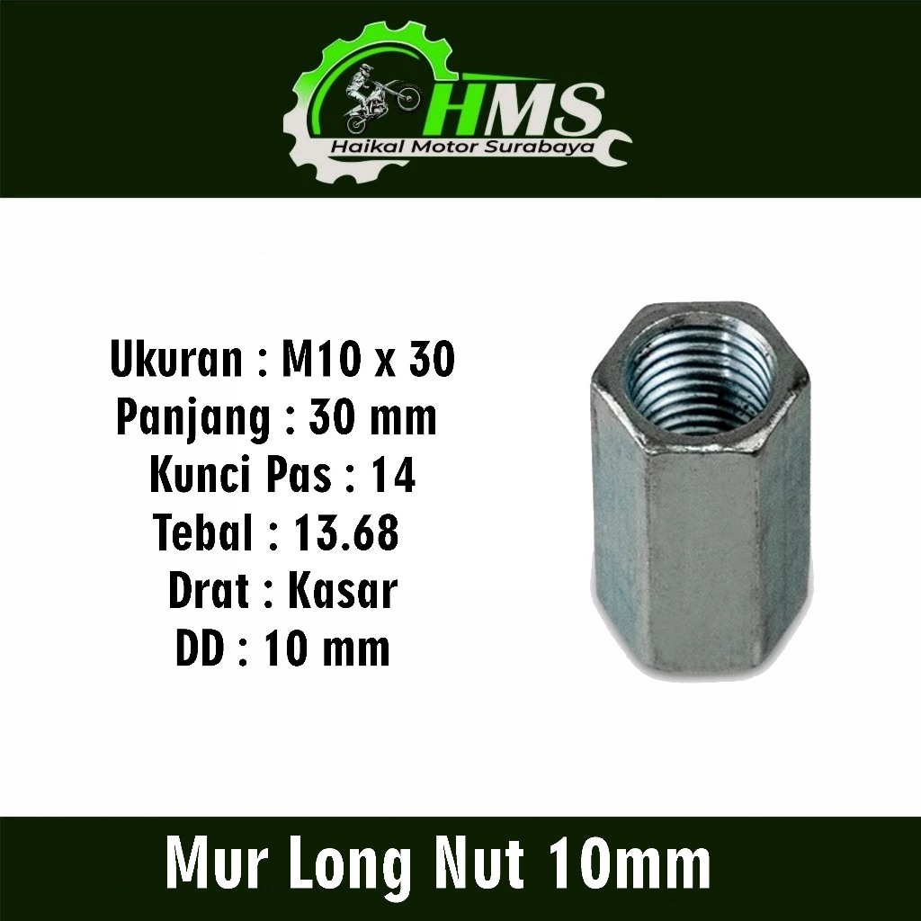 Mur Long Nut 10mm (Harga Per 1 PCS) - Mor Mur Baut  Nut Hex Spion Honda Panjang 30 mili Kunci 14