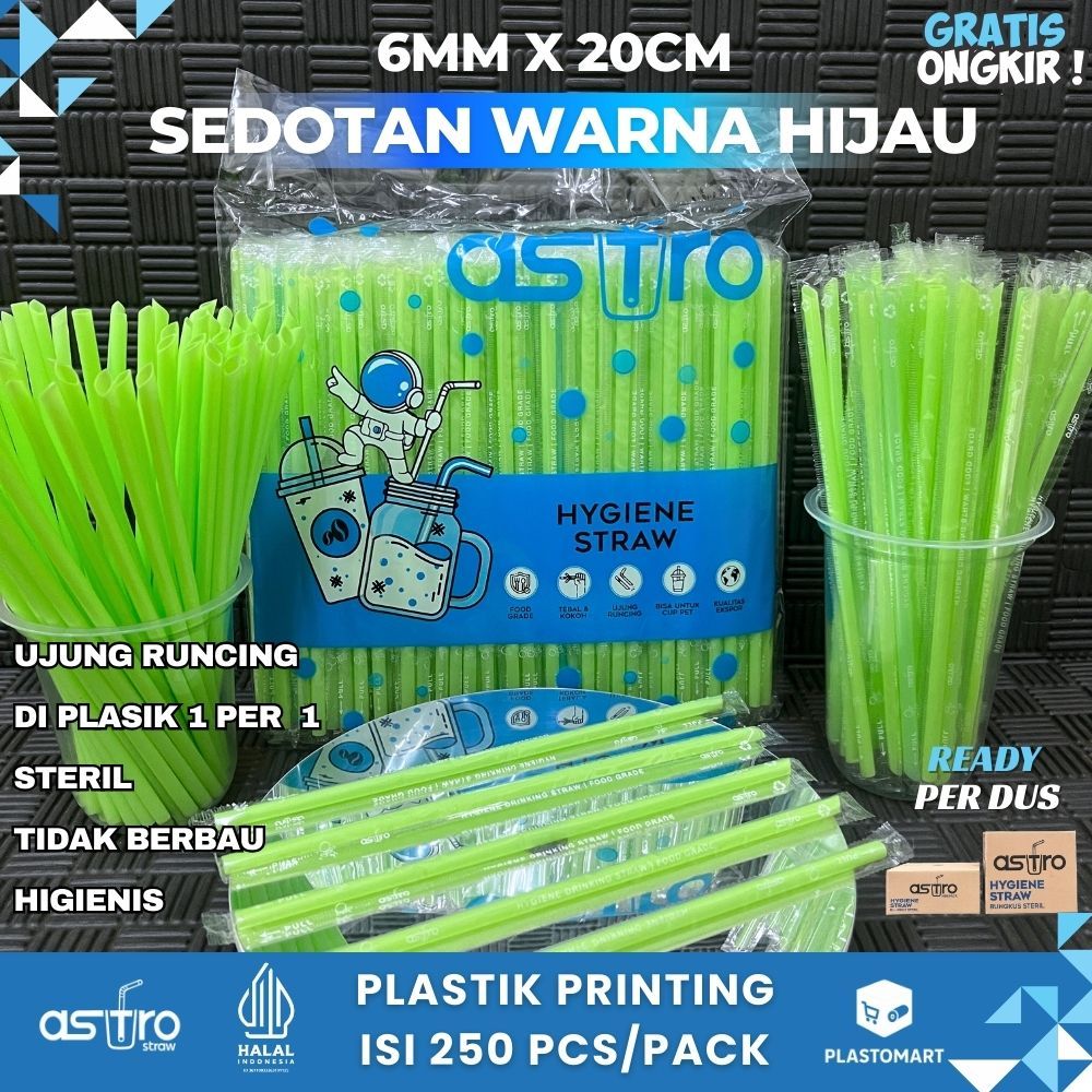 Sedotan Steril Warna Hijau Runcing Astrostraw 6mm x 20cm Isi 250 Pcs - Sedotan Es teh Jus cofee -  T