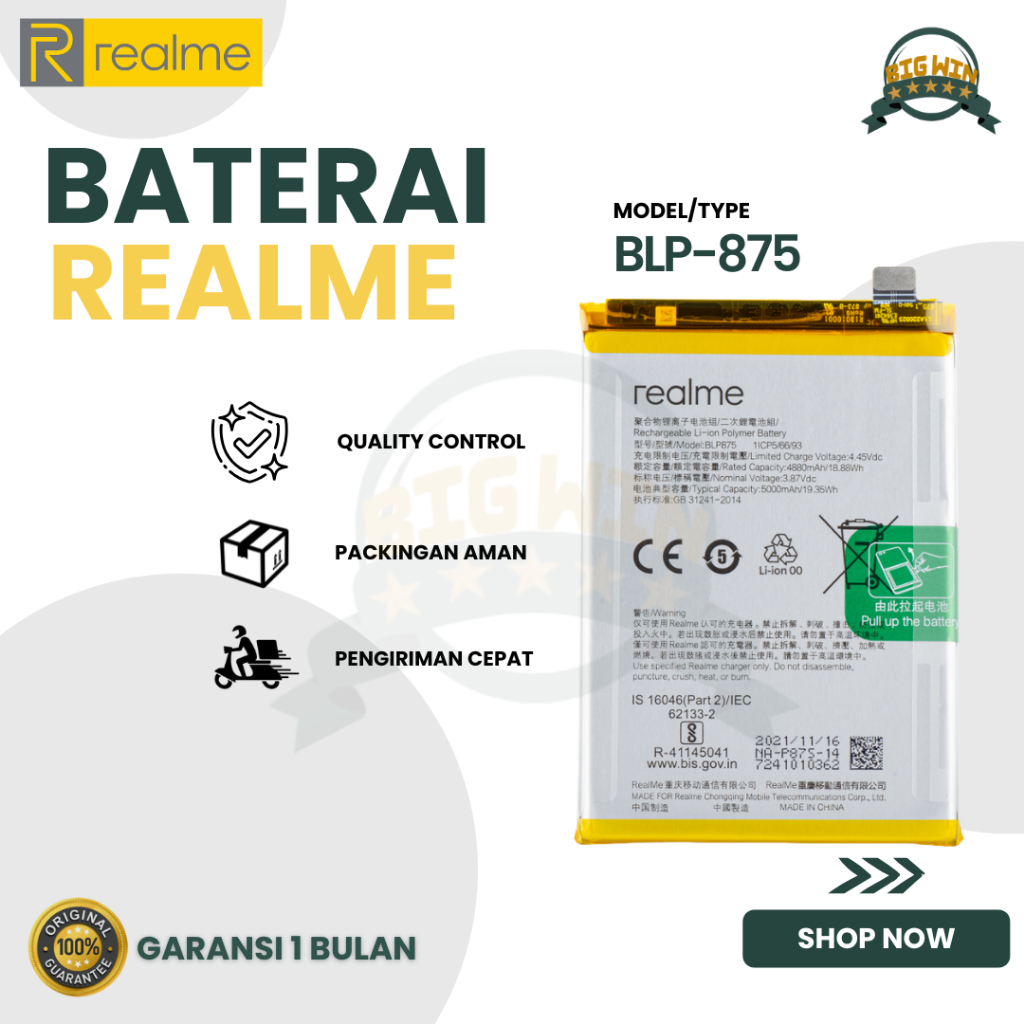 BATERAI BATTERY BLP875 REALME C55 / REALME 9 5G / NARZO 50 DOUBLE [IC POWER] ORIGINAL