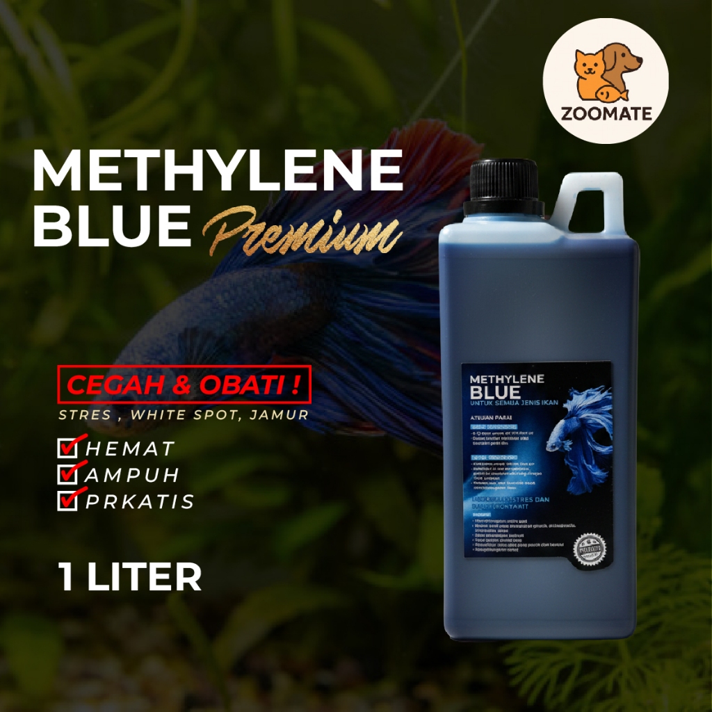 ZOOMATE | Original healthy fish Methylene blue 1 liter - Methylene blue plus vitamin C - Obat biru i