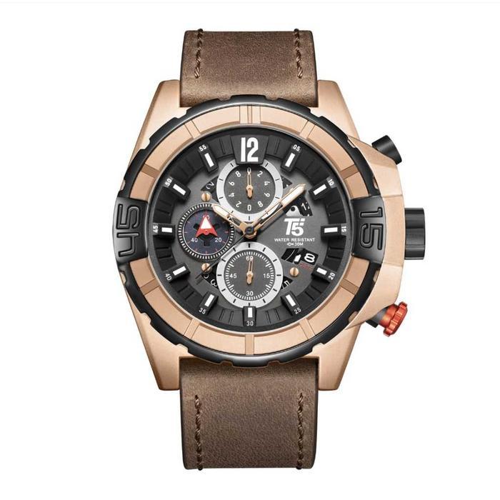 JAM TANGAN PRIA T5 H 4047 G ORI CHRONOGRAPH STOPWATCH TALI KULIT - COKELAT