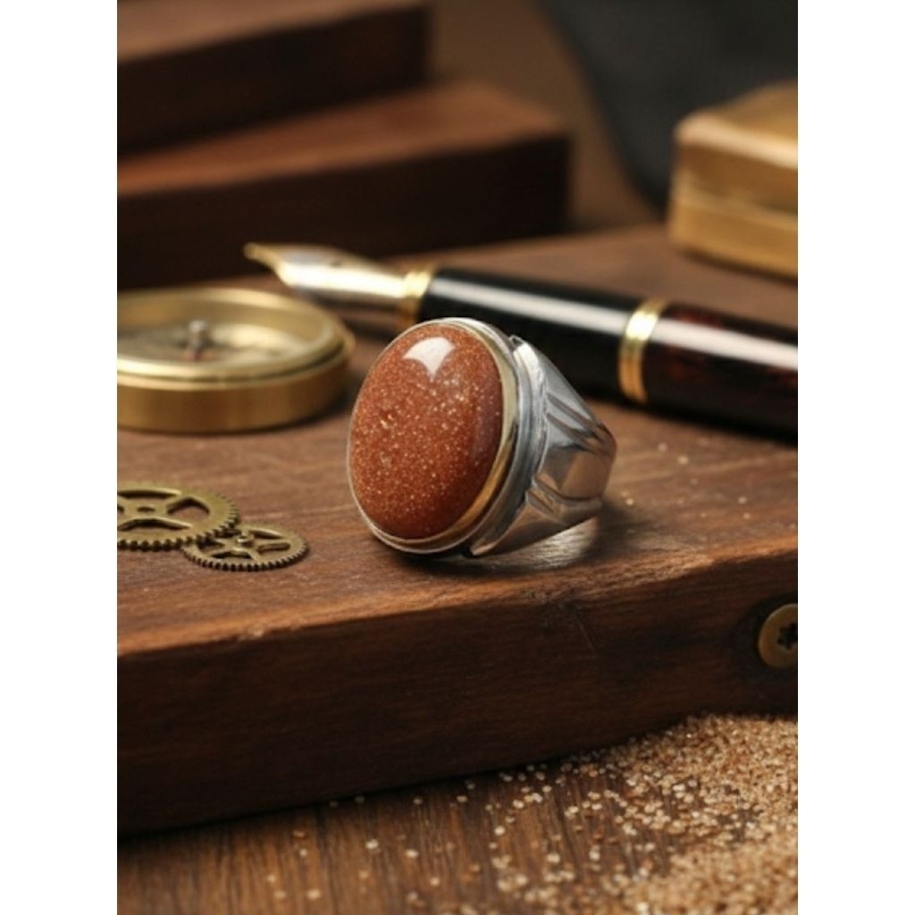 cincin batu akik pasir mas mekah 20x15 mm ring monel tanam termurah