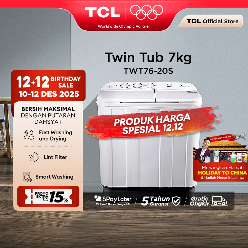 TCL Mesin Cuci 2 Tabung - Twintub 7KG - Lint Filter - Anti Karat - Anti Tikus (Model: TWT76-20S)
