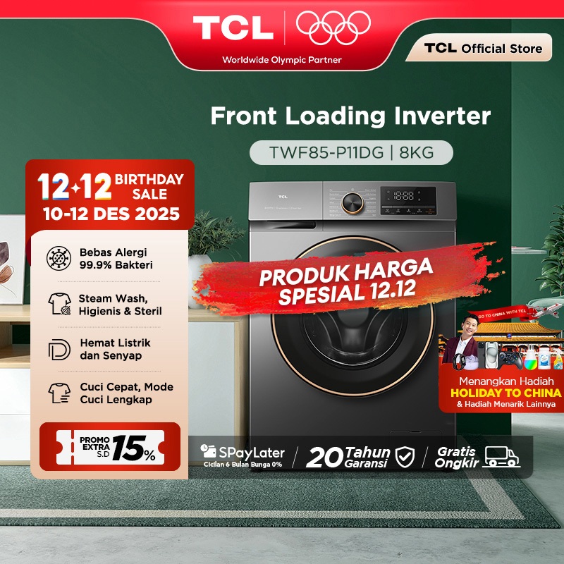 TCL Mesin Cuci Front Loading Inverter P11 8 KG - EBS Steam Wash - Quick Wash 15' - Smart DD Inverter